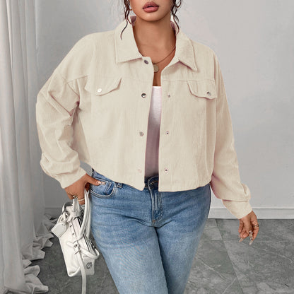 Casual Corduroy Jacket With Polo Collar And Lantern Sleeves
