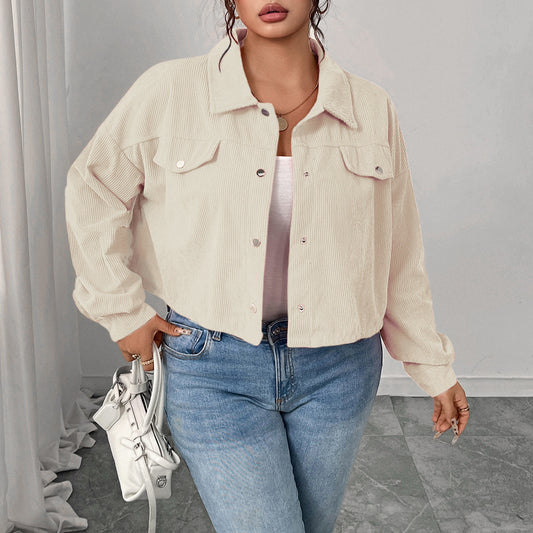 Casual Corduroy Jacket With Polo Collar And Lantern Sleeves