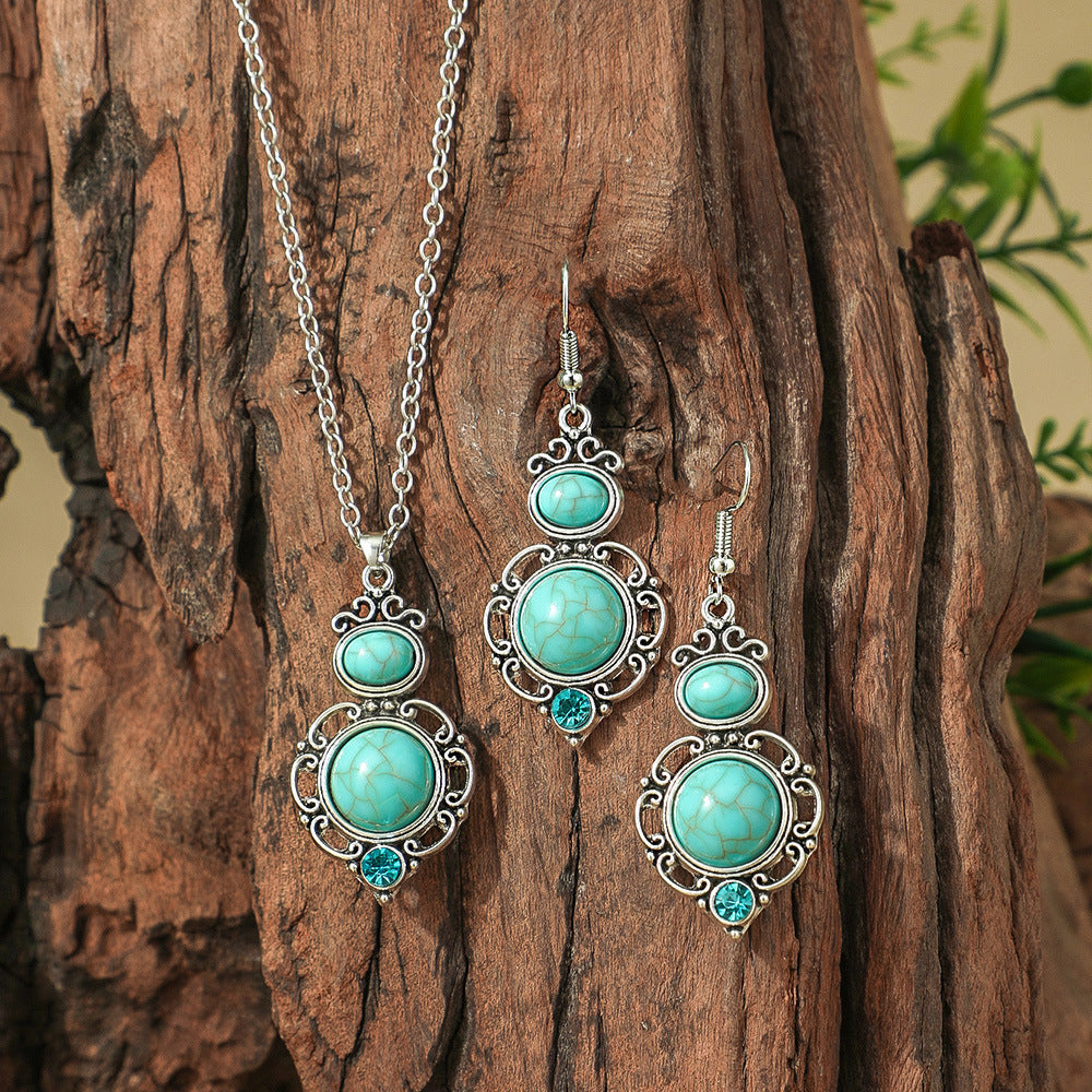 Bohemian Geometric Earrings and Necklace Set with Turquoise Accents