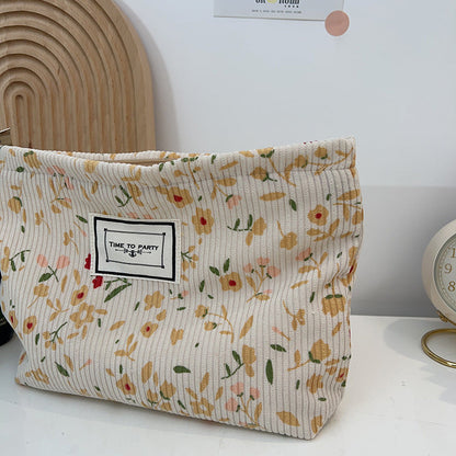 Floral Corduroy Makeup Bag Portable Travel Pouch