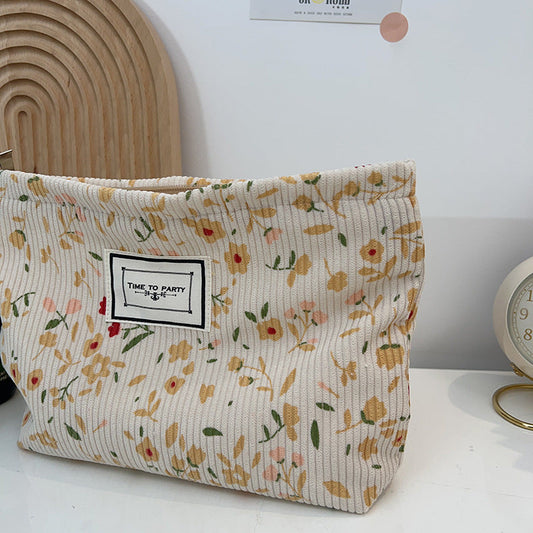 Floral Corduroy Makeup Bag Portable Travel Pouch