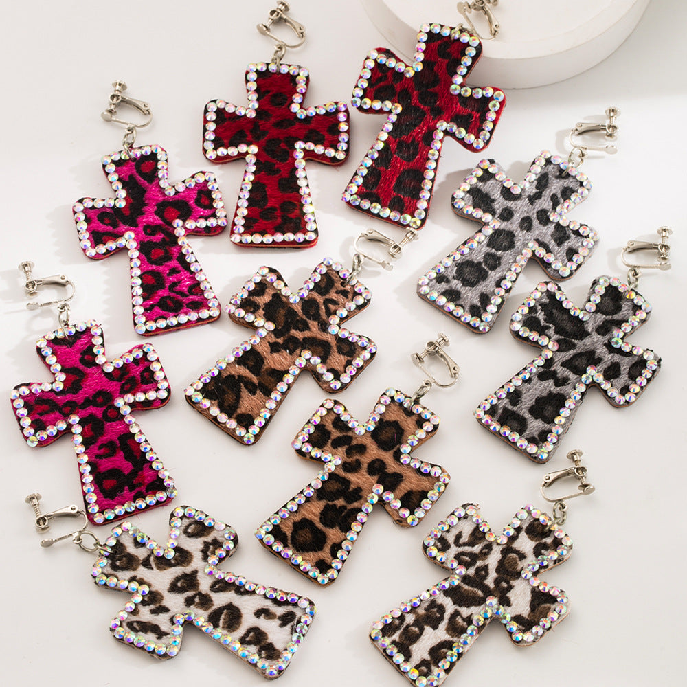 Trendy Y2K Cross Earrings Genuine Leather Leopard Print Geometric Style