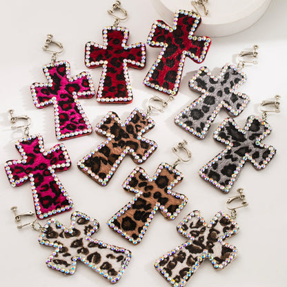 Trendy Y2K Cross Earrings Genuine Leather Leopard Print Geometric Style