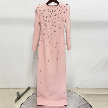 Elegant Long Sleeve A-Line Dress With Beading And Rhinestones