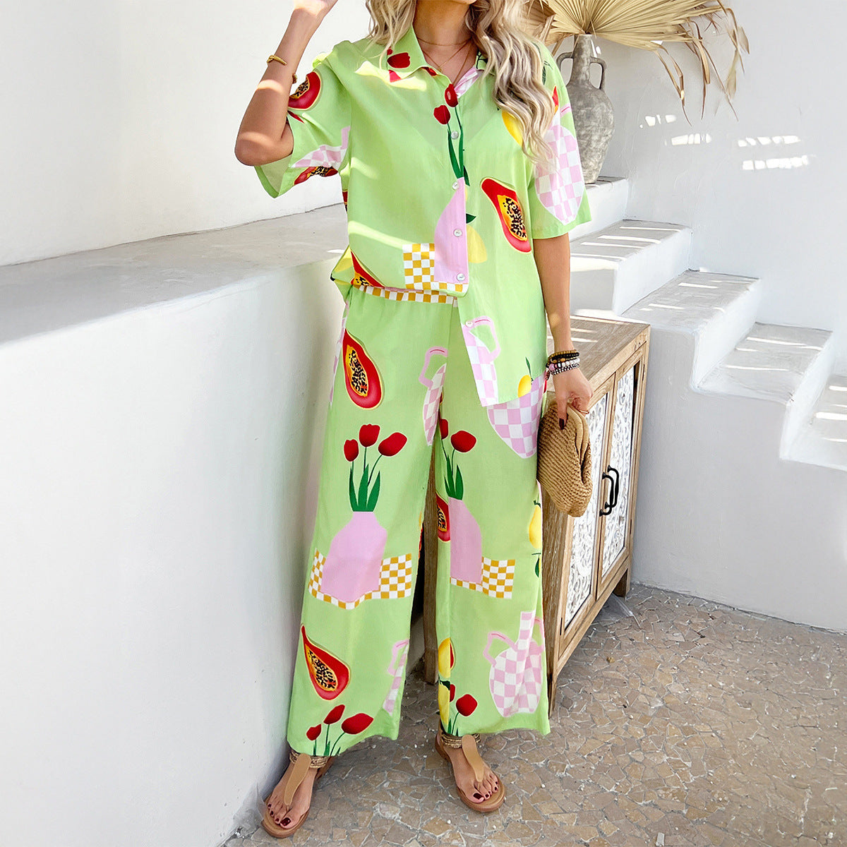 Casual Bohemian Color Block Print Wide Leg Pants Set