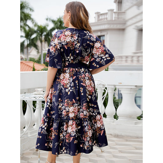 Navy Blue Floral V-Neck A-Line Dress Polyester For Casual Wear