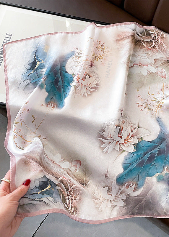 Floral Satin Polyester Square Scarf With Botanical Print