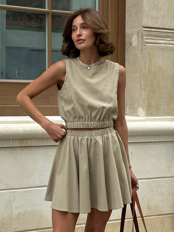 Casual Pleated Skirt Set Sleeveless Cotton Linen Outfit