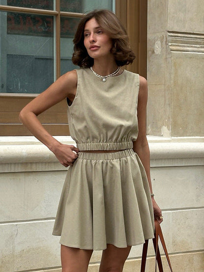 Casual Pleated Skirt Set Sleeveless Cotton Linen Outfit
