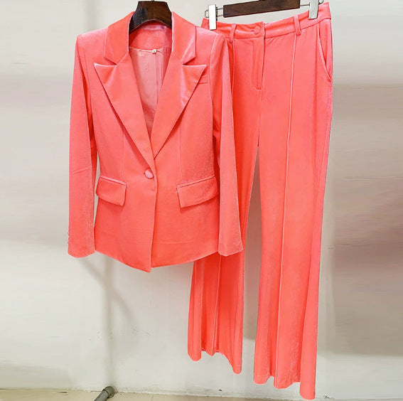 Elegant Velvet Suit Jacket And Fitted Flare Pants Set