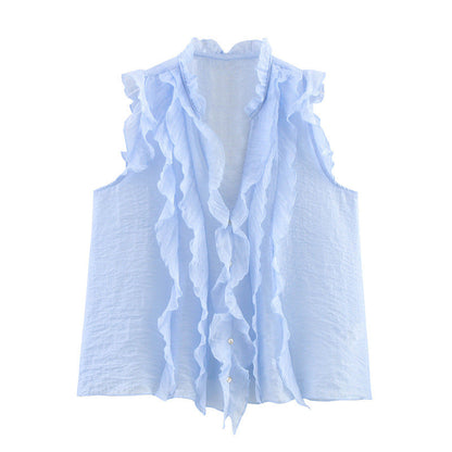 Fashion Solid Color Sleeveless Ruffl Layer Blouse