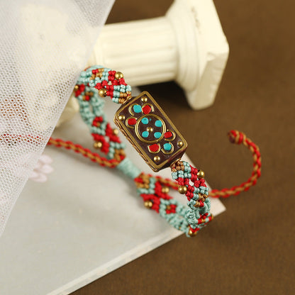 Tibetan Ethnic Style Nepalese Beads Hand String Retro Diagonal Knot Colorful Rope Pure Hand Woven Bracelet