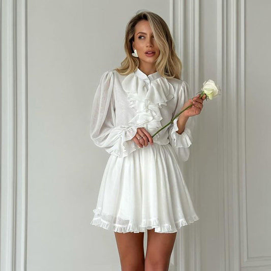 Elegant Ruffled Collar Long Sleeve Mini Dress