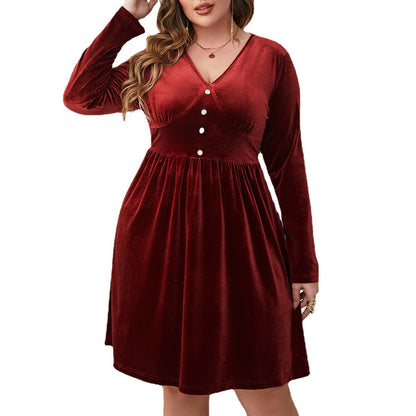 Deep Red V-Neck High-Waist Long Sleeve Midi Dress