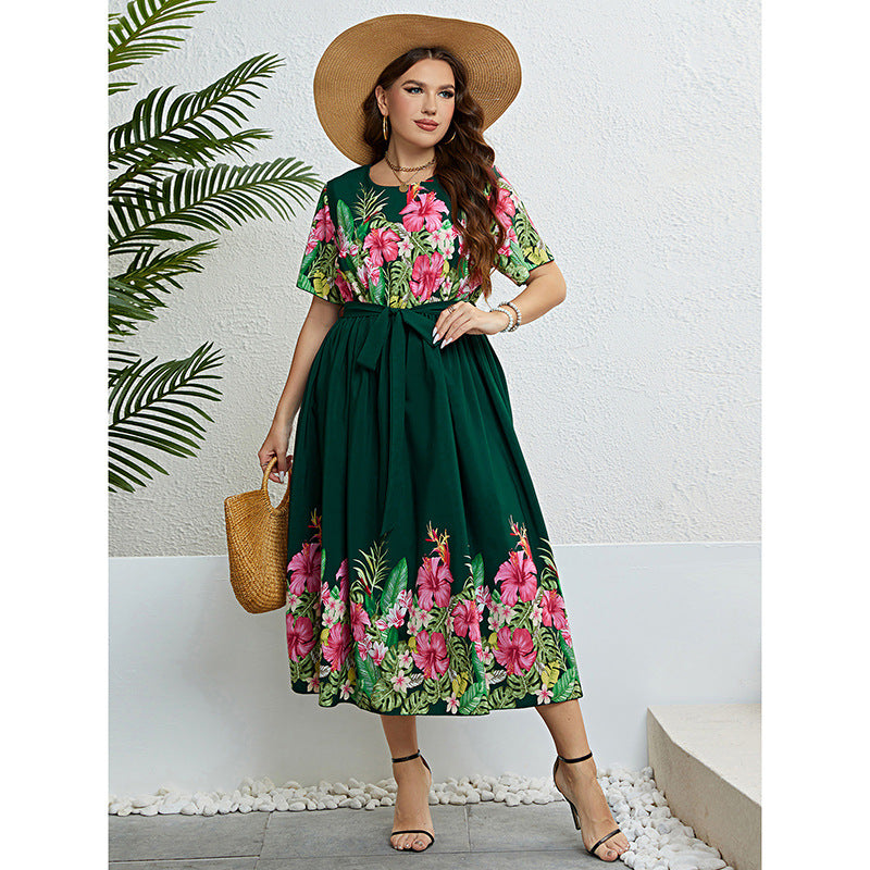 Floral Print A-Line Dress with Adjustable Tie Waist