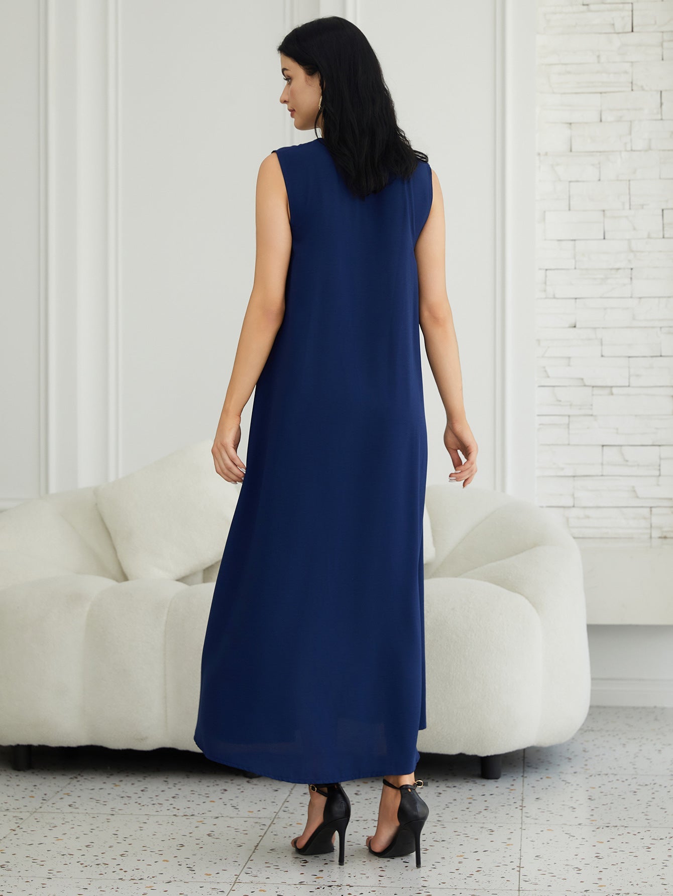 Embroidered Long Kimono Dress Set in Navy Blue and White