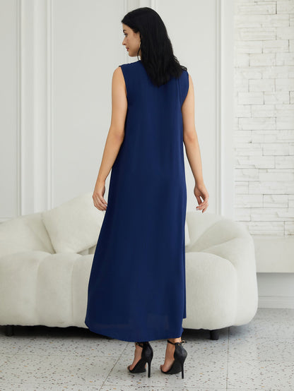 Embroidered Long Kimono Dress Set in Navy Blue and White