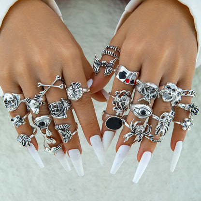 Vintage Geometric Ring Set With Black Stone