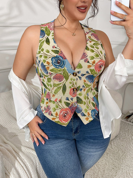 Plus Size Women'S Vintage Floral V-Neck Sleeveless Top