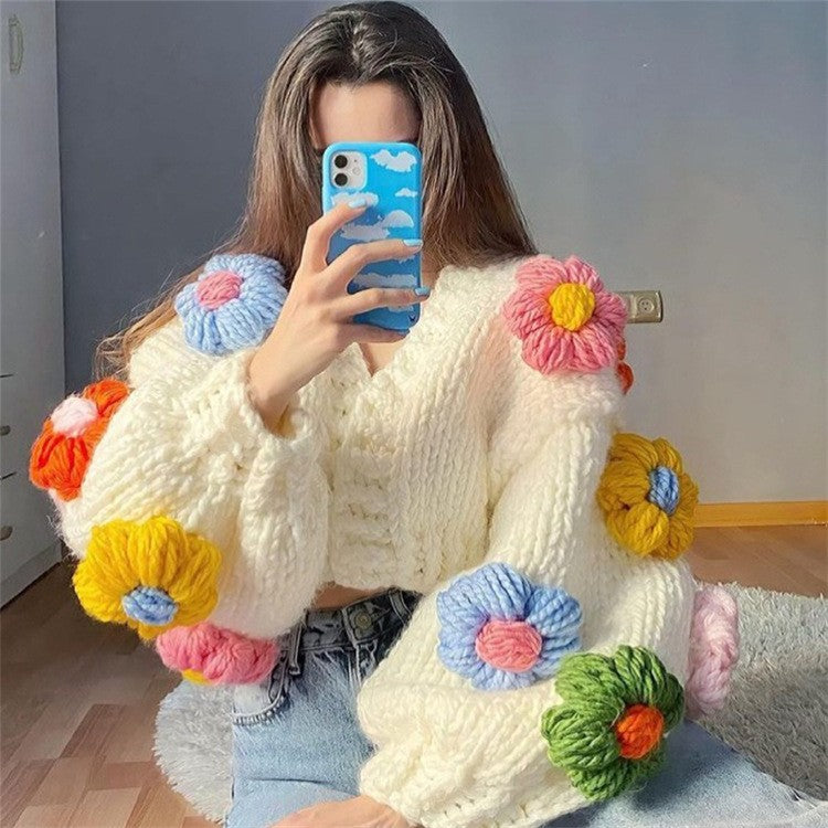 Handmade Three-Dimensional Hook Flower Flower Lantern Sleeve Sweet Loose Lazy Thick Warm Sweater Cardigan Jacket