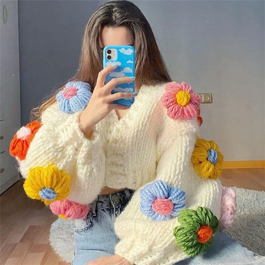 Handmade Three-Dimensional Hook Flower Flower Lantern Sleeve Sweet Loose Lazy Thick Warm Sweater Cardigan Jacket