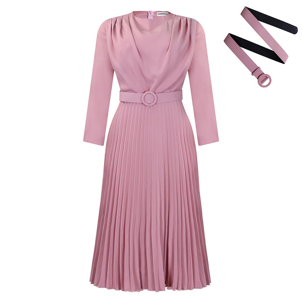 Elegant A-Line Midi Dress With Belt - Office Casualwear