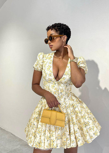 Puff Sleeve Mini Dress Lightweight Floral Print