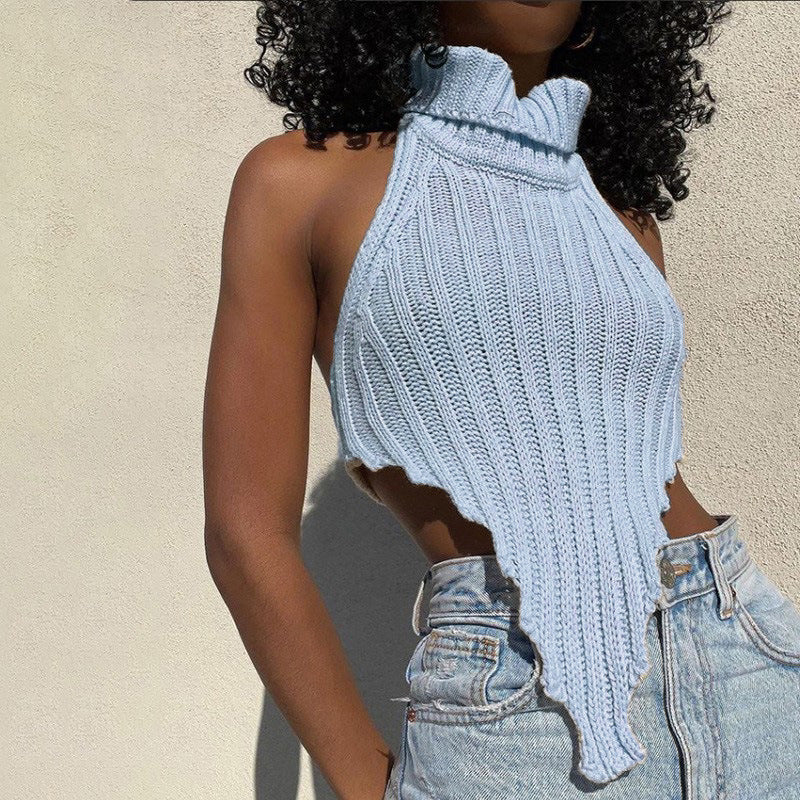 Sexy Backless Solid Color Turtleneck Irregular Knitted Vest