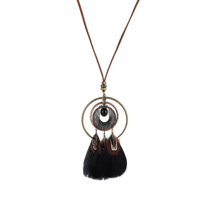 Indian Dreamcatcher Black Feather Tassel Necklace Fashion Jewelry