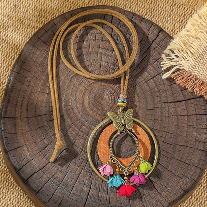 Trendy Ethnic-Inspired Butterfly Flower Necklace With Tassels