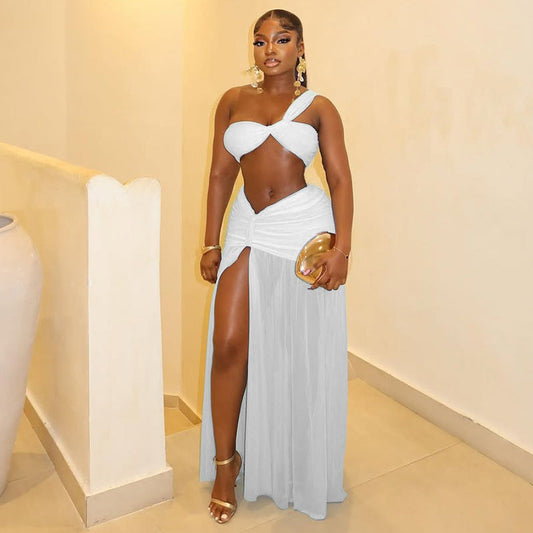 Solid Color Two-Piece Crop Top Skirt Set For Women