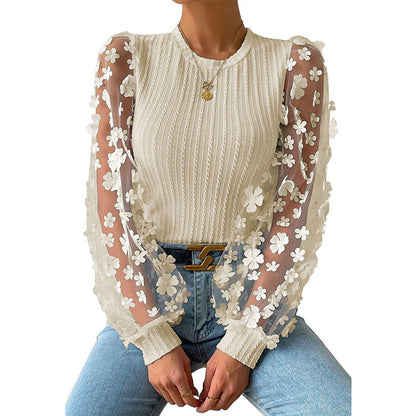 Women'S Mesh Small Flower Chiffon Shirt, Women'S Spring/Summer Round Neck Slimming Pullover Long Sleeved Top