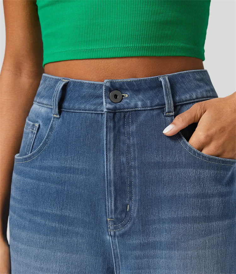 Washed High Waist Casual Straight Leg