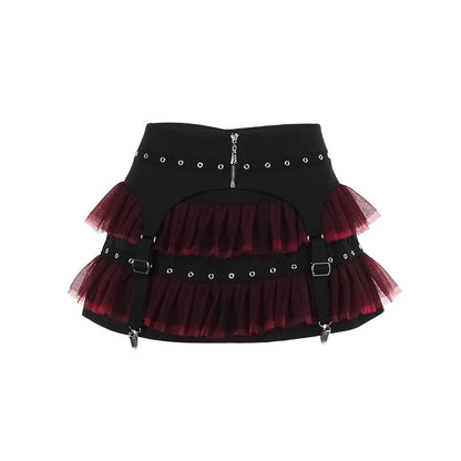 Black And Red Patchwork Tulle Midi Skirt For Women