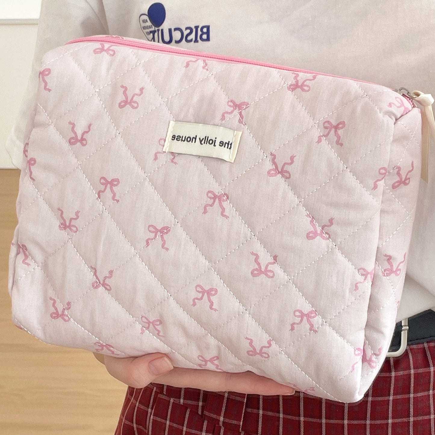 Pink Ribbon Bow Makeup Bag Quilted Pouch