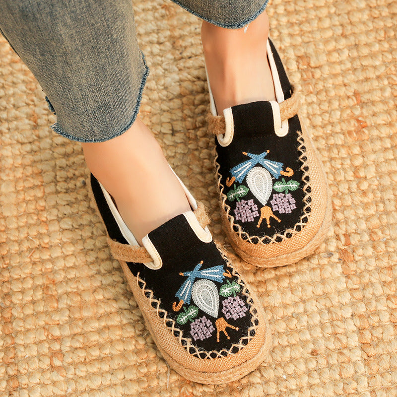 Comfortable Round Toe Cotton Hemp Midsole Women'S Casual Shoes, Ethnic Style Lazy Person, One Footed Fisherman'S Shoes, Retro Embroidered Shoes
