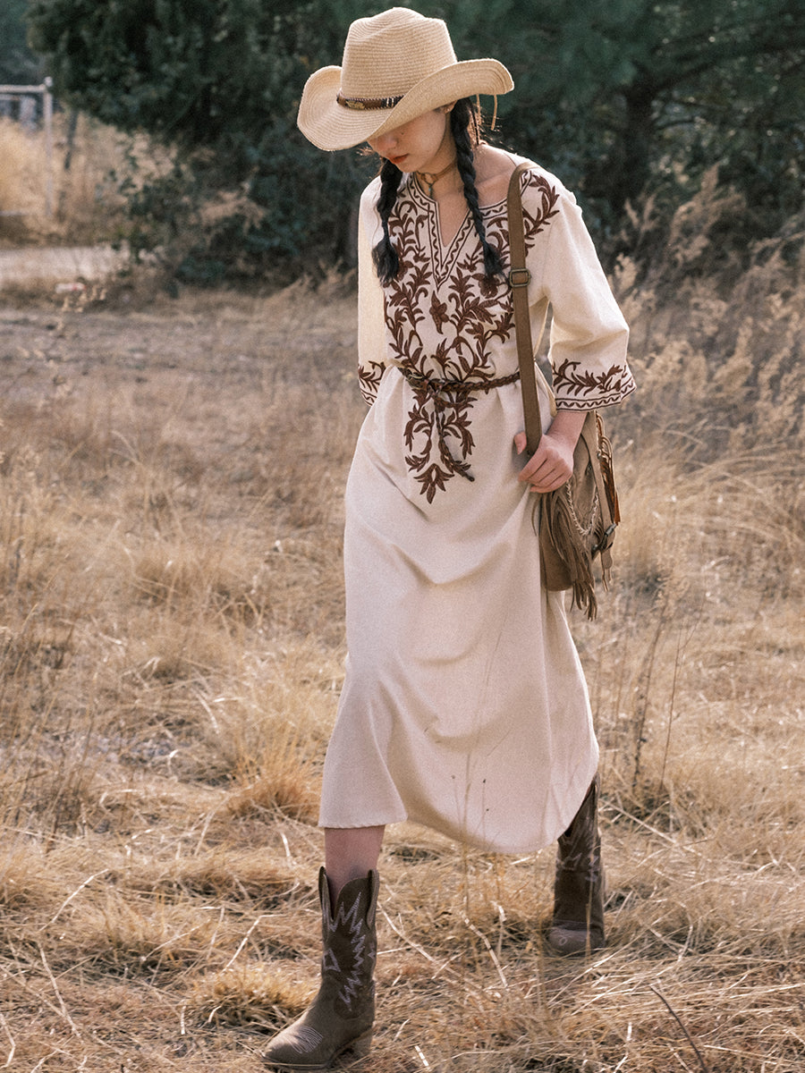 Cotton Linen Dress Ethnic Style Embroidered Cropped Sleeves Bohemian Midi Skirt Spring And Summer