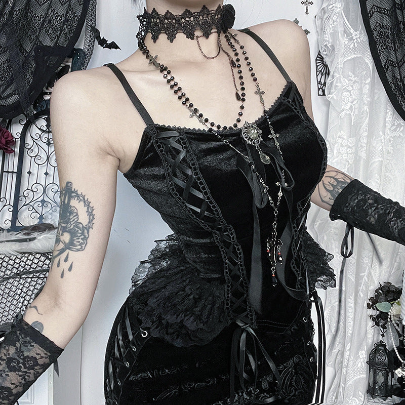 Black Lace Panel Cami Top Elegant Aesthetic Style