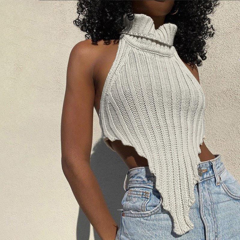 Sexy Backless Solid Color Turtleneck Irregular Knitted Vest