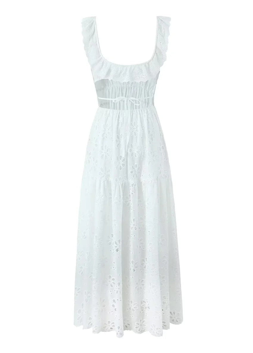 Embroidered Cotton Maxi Dress With Ruffle Straps