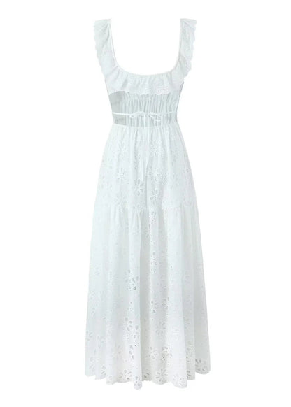 Embroidered Cotton Maxi Dress With Ruffle Straps