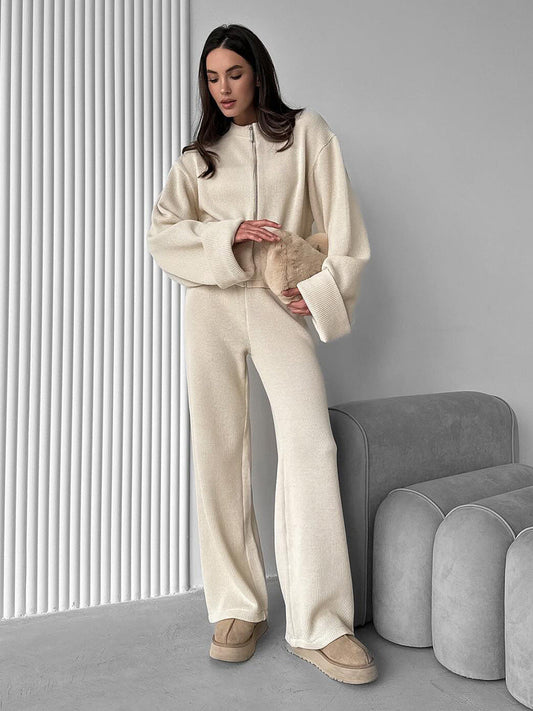 Casual Knitted Long Sleeve Top And Wide Leg Pants Set