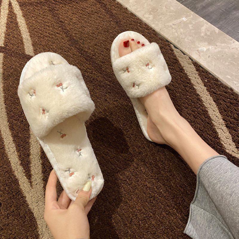 Cherry Embroidery Open Toe Plush Slippers
