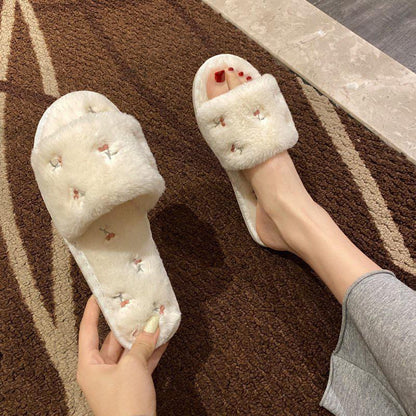 Cherry Embroidery Open Toe Plush Slippers