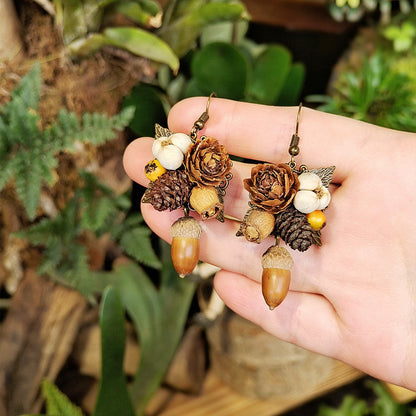 Rustic Leaf Acorn Earrings Handmade Floral Wooden Jewelry