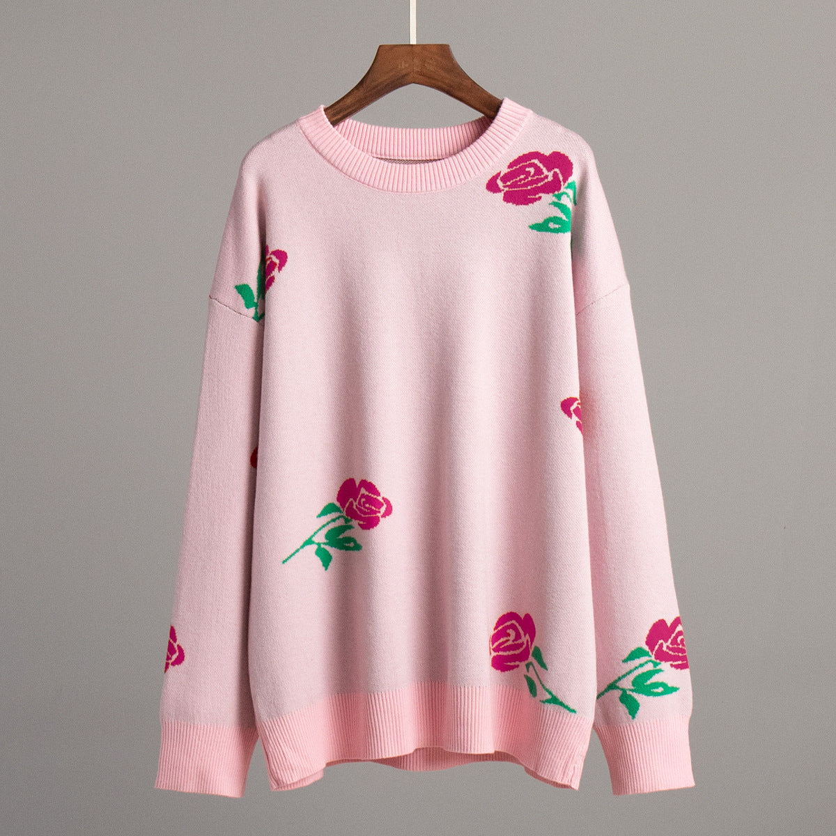Colorful Rose Knit Sweater Casual Pullover