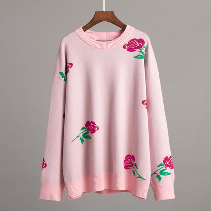 Colorful Rose Knit Sweater Casual Pullover