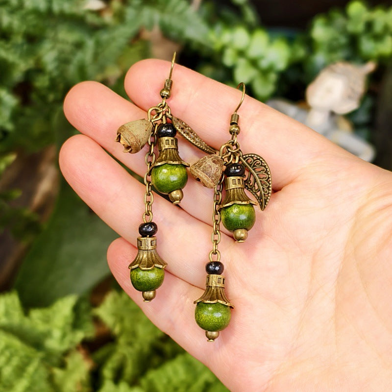 Bohemian Floral-Inspired Alloy Earrings with Unique Wood Bead Design
