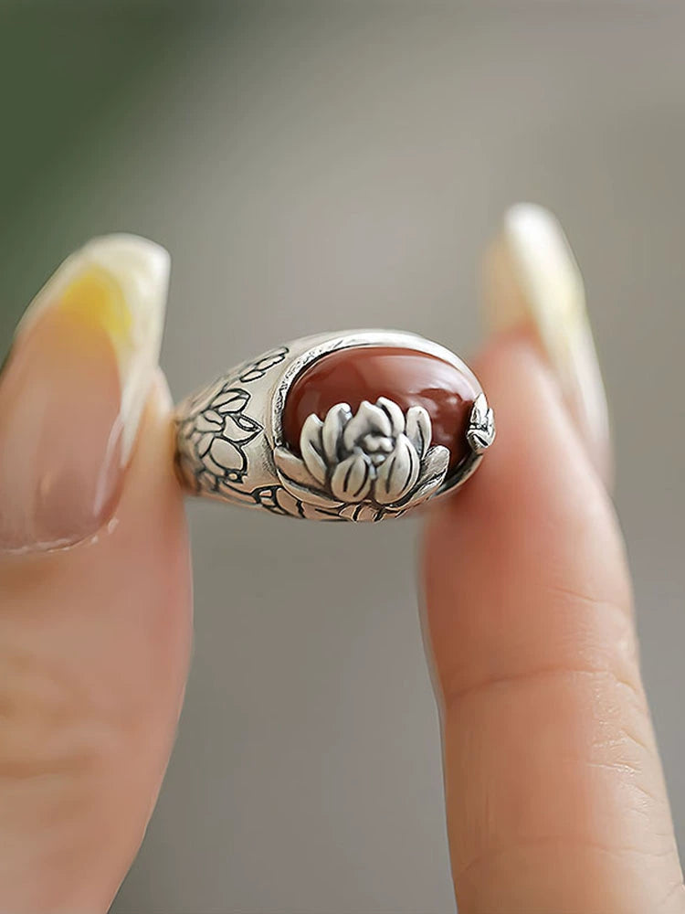Agate Lotus S925 Silver Ring Women'S 2024 New Niche Design Retro Style Index Finger Ring Mother'S Day Gift