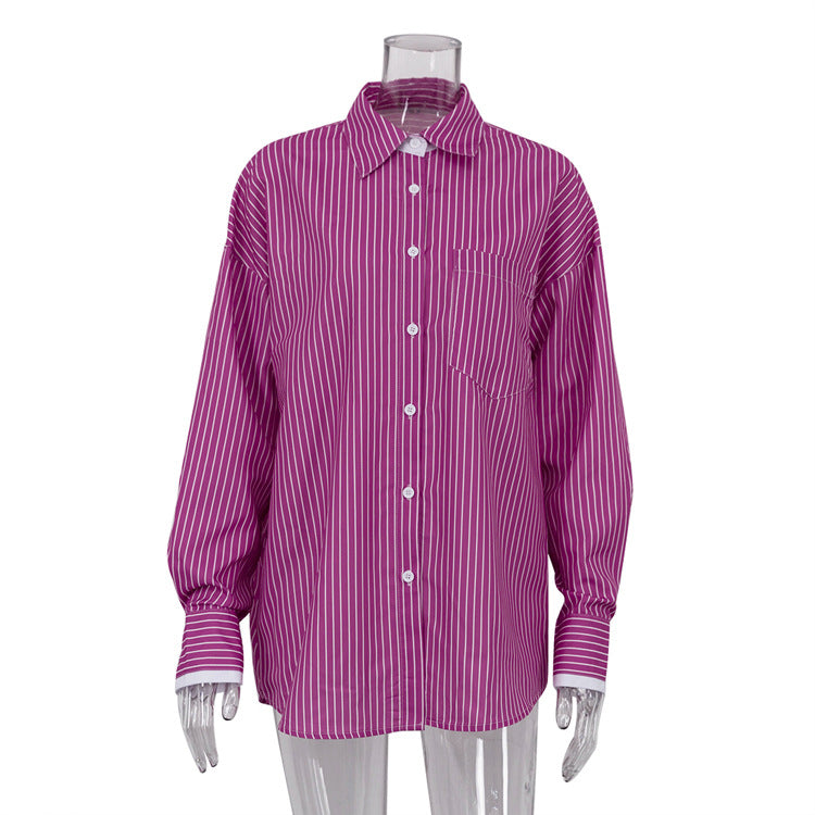 Color Block Striped Long Sleeve Shirt for Women